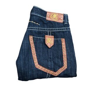 Rare Cezer Embroidered Jeans Size 36 Blue Leather Studs